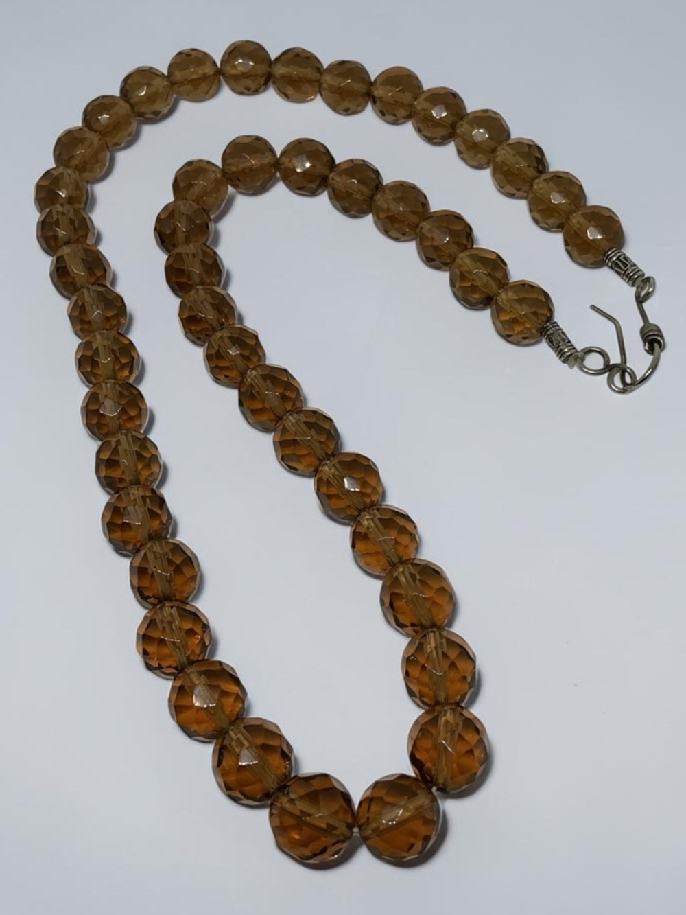 Vintage Czech Cognac Tone Faceted Glass Graduated Bead Necklace Mid-Century